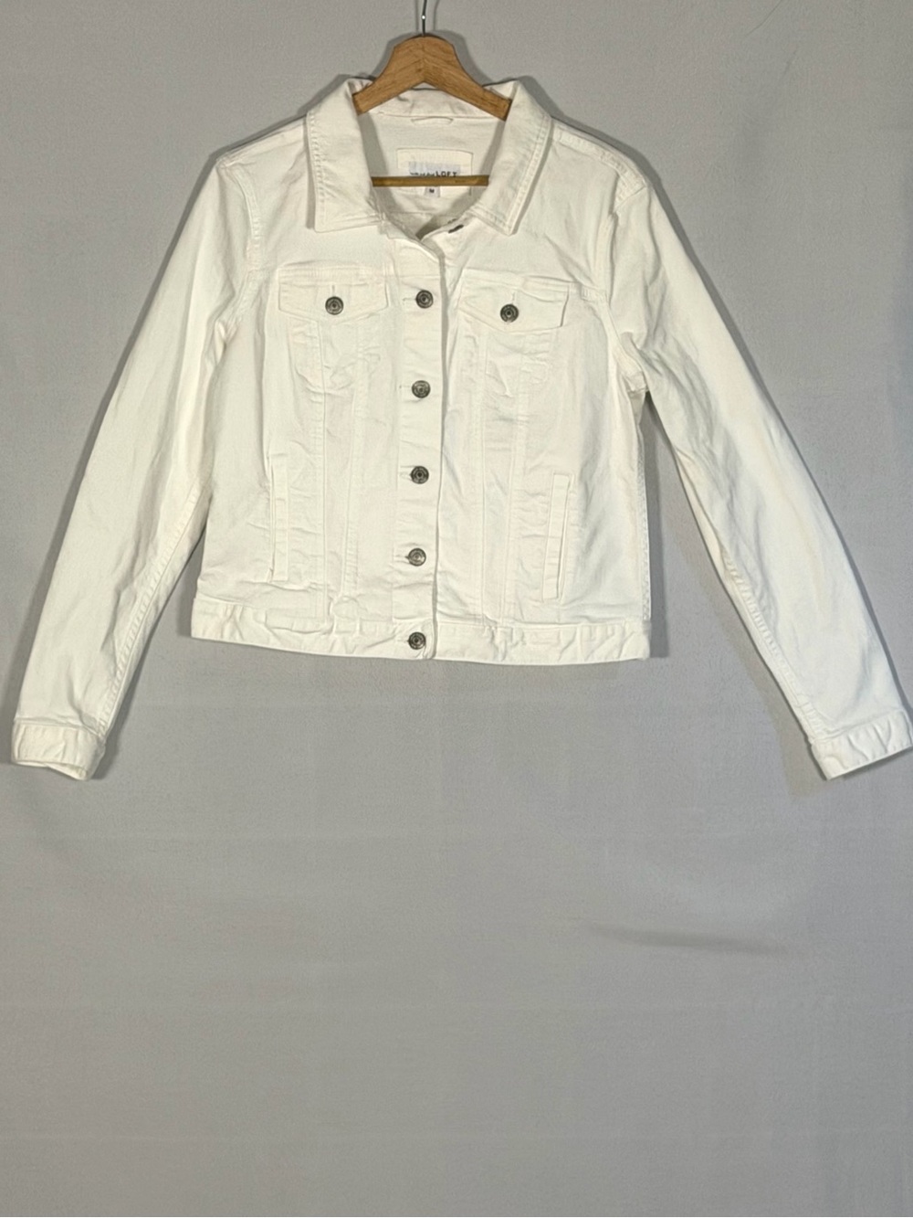 LOFT White Denim Jacket Womens Medium Stretch Trucker Button Front Cotton